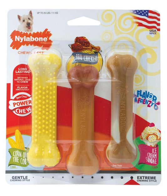 Nylabone Flavor Frenzy Power Chew Triple Pack Chicken, Corn & Ice Cream Sundae 1ea/SMall/Regular - Up To 25 Ibs.