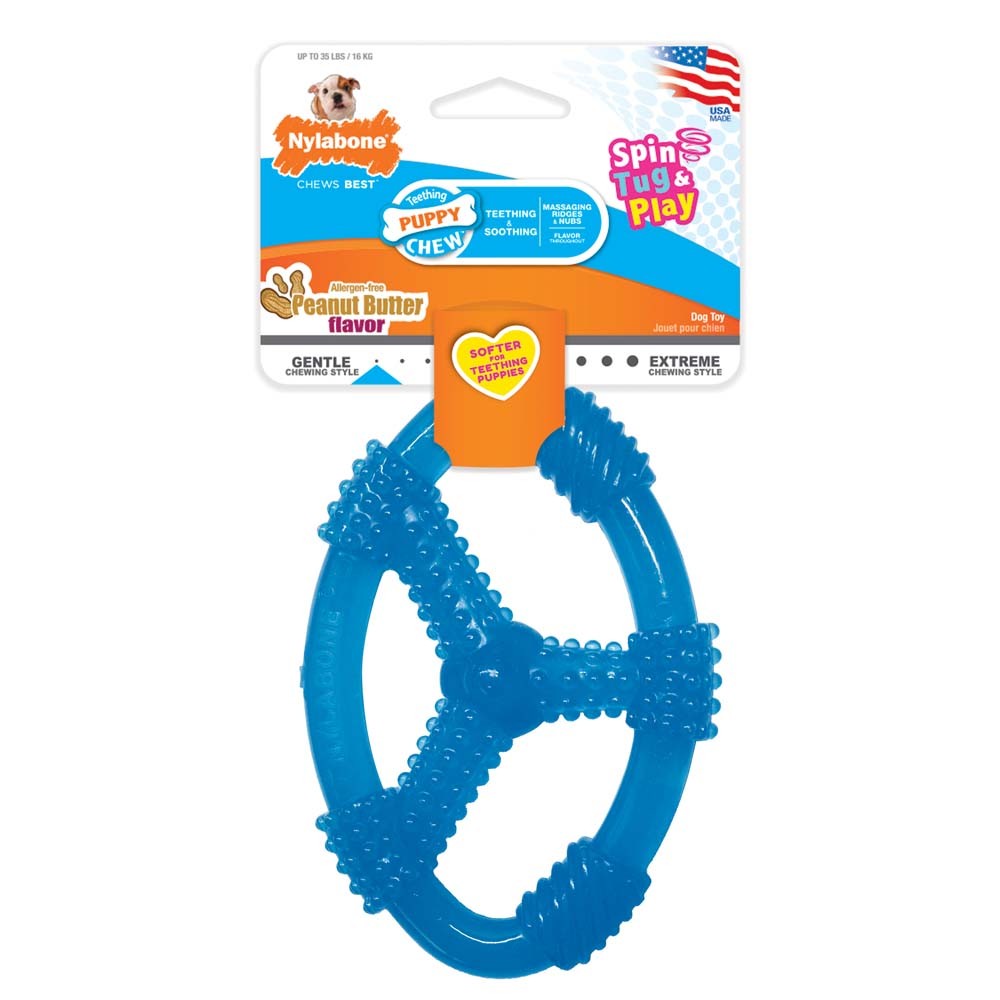 Nylabone Puppy Chew Spin Tug & Play Toy Peanut Butter Blue 1ea/Medium/Wolf - Up To 35 lb