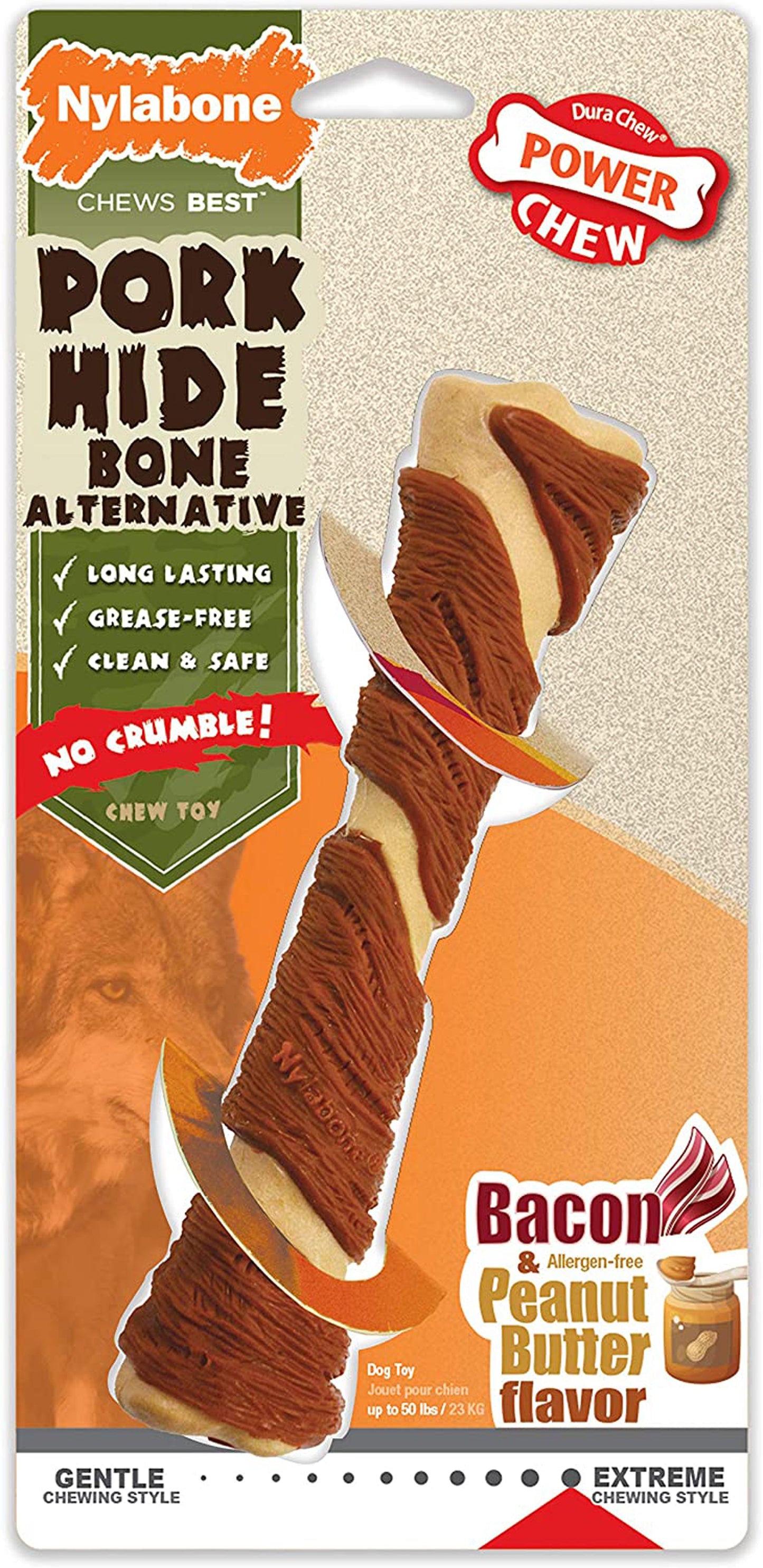 Nylabone Power Chew Pork Hide Alternative Dog Chew Toy Bacon & Peanut Butter 1ea/Large/Giant - Up To 50 lb