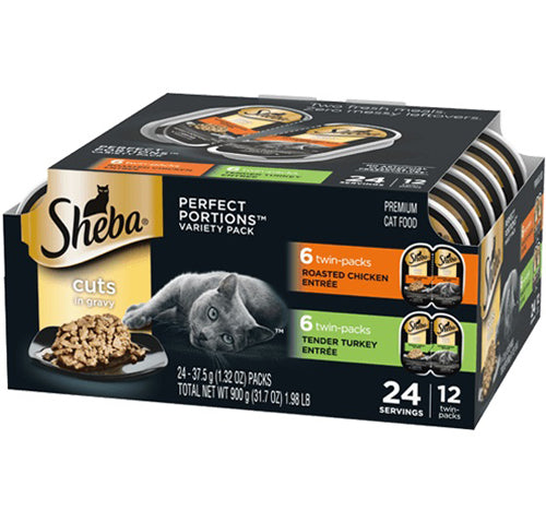 Sheba Perfect Portions Cuts in Gravy Wet Cat Food Variety Pack (Roasted Chicken, Tender Turkey) 2ea/2.6 oz, 12pk  (2 pack)