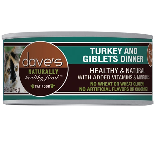 Daves Naturally Healthy Cat Food; Turkey and Giblets Dinner 5.5oz. (Case of 24)