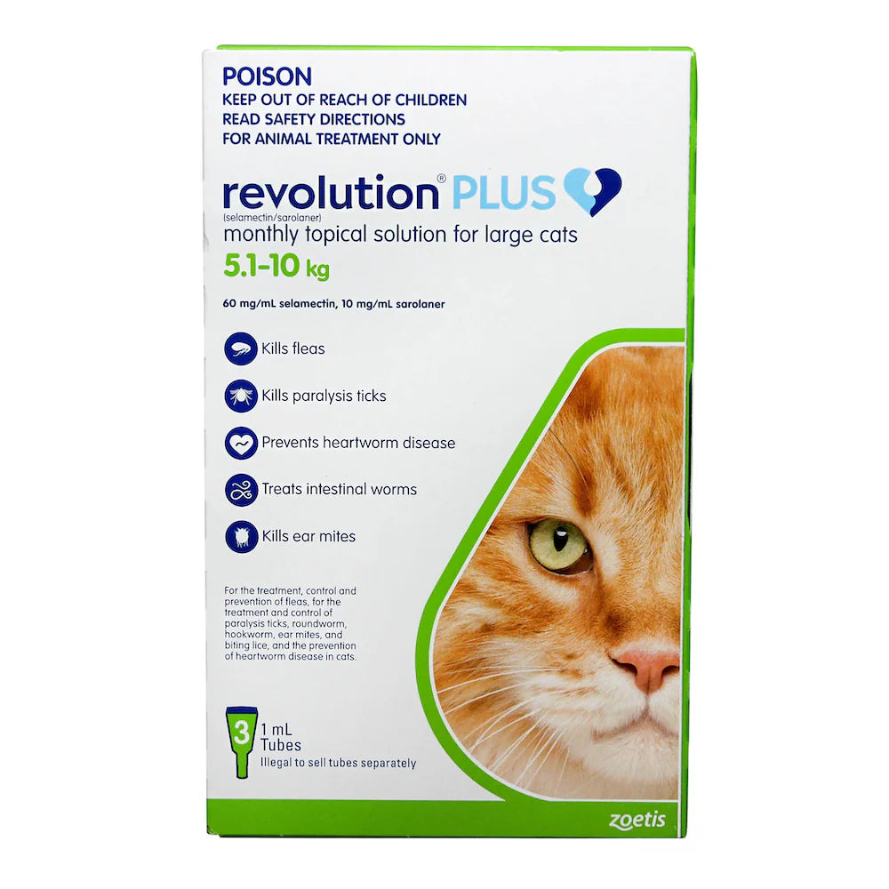 Revolution plus Flea, Worm and Tick Prevention for Large Cats 11.1-22 Lbs (5-10 Kg), Green 3 Pack