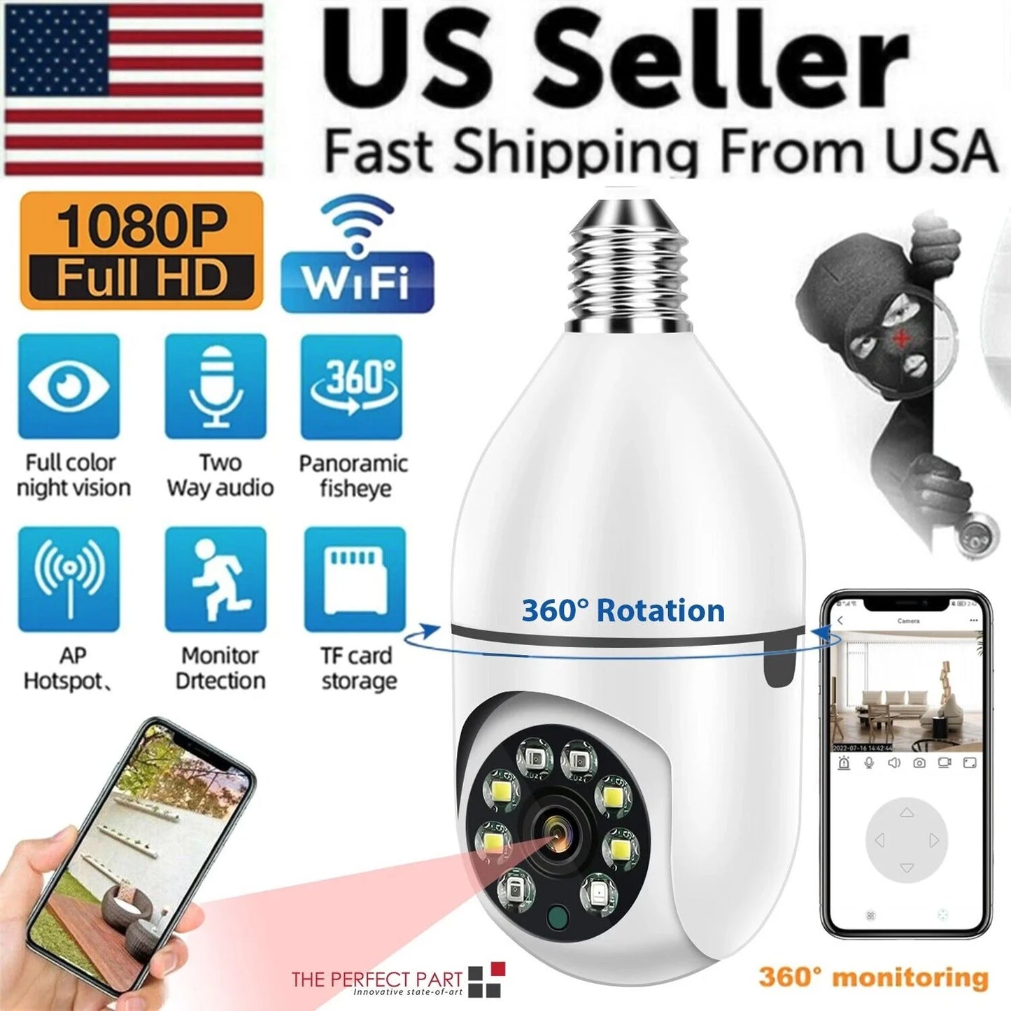 Smart 360° 1080P Wi-Fi Light Bulb Camera with Night Vision for Home Security