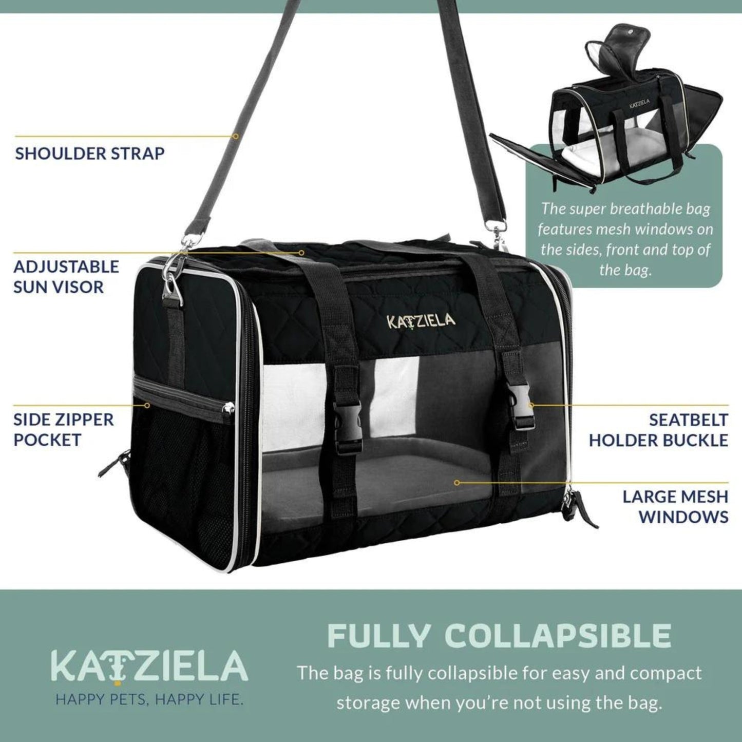 Katziela Quilted Companion Carrier Black Large