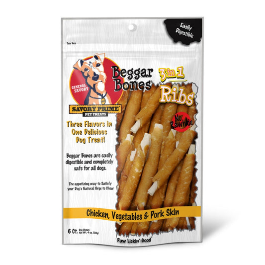 Savory Prime Beggar Bone 3in1 Ribs Dog Treat Chicken, Vegetable & Pork, 1ea/6 ct