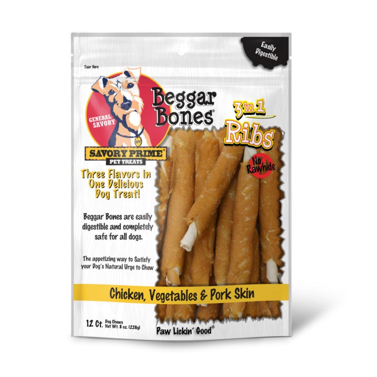 Savory Prime Beggar Bone 3in1 Ribs Dog Treat Chicken, Vegetable & Pork, 1ea/12 ct