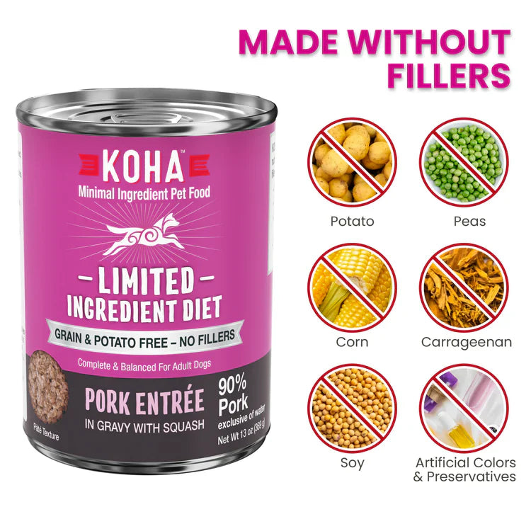 Koha Dog Limited Ingredient Grain Free 90% Pork 13oz. (Case of 12)