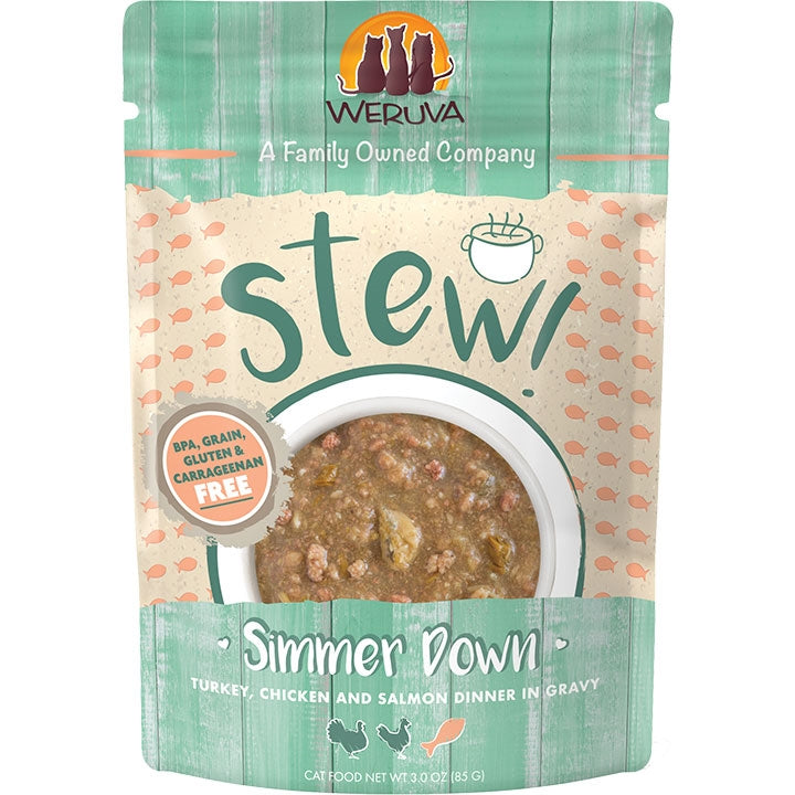 Weruva Cat Stew! Simmer Down Turkey, Chicken & Salmon Dinner in Gravy 3oz. Pouch (Case of 12)