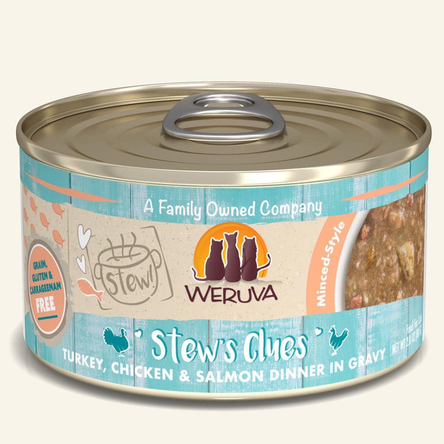 Weruva Cat Stews Clues Turkey; Chicken and Salmon Dinner in Gravy 2.8oz. (Case of 12)