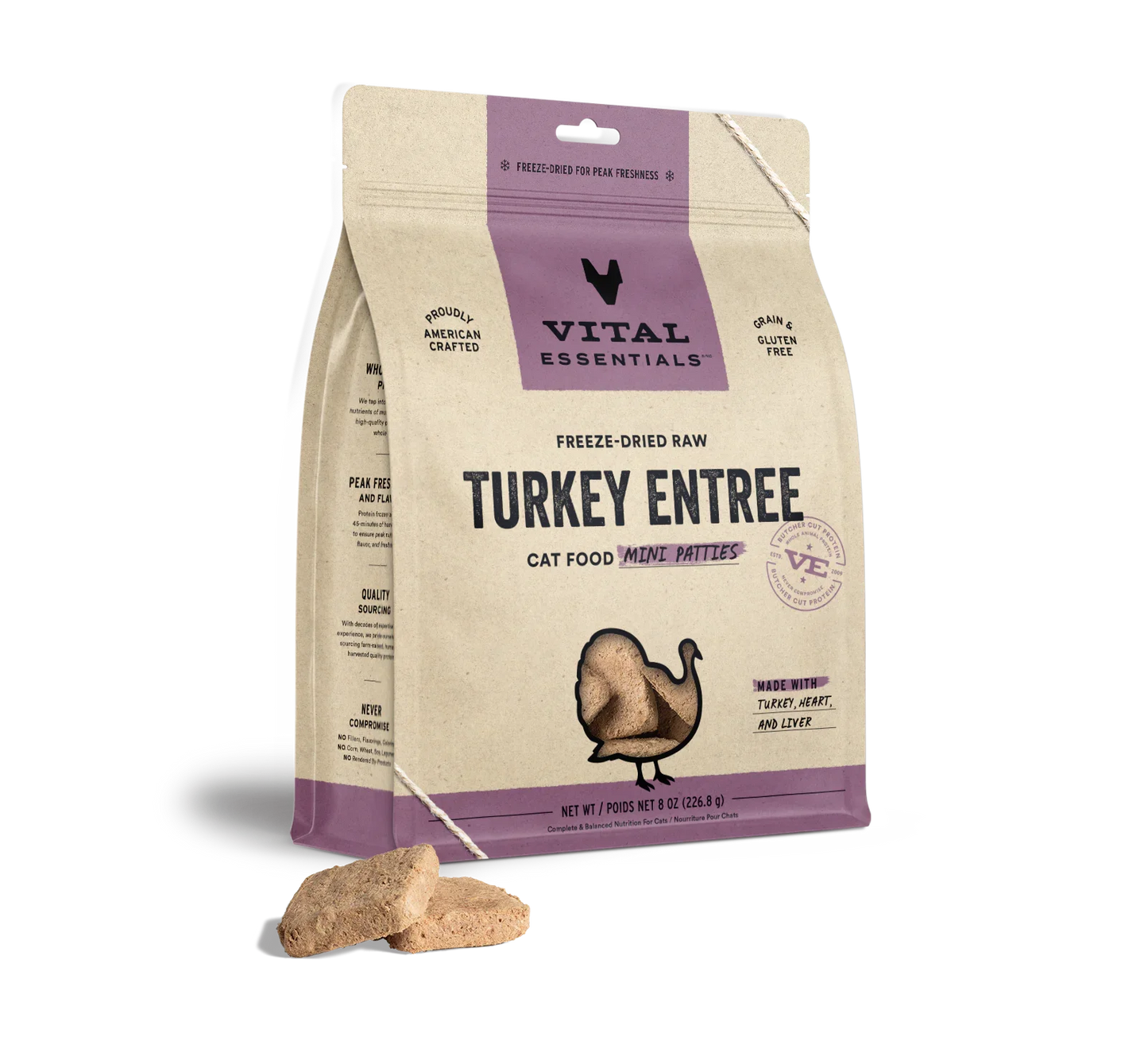 Vital Essentials Cat Freeze Dried Mini Patties Turkey 8oz.