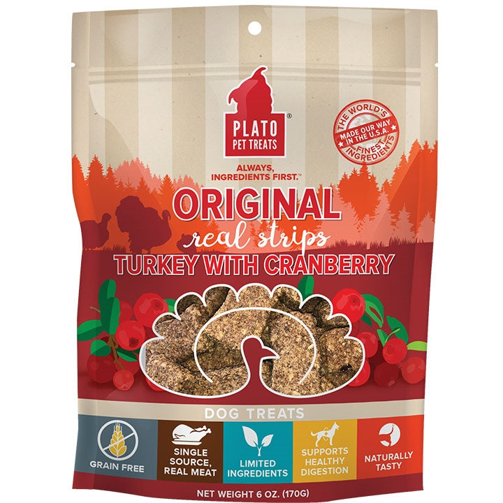 Plato Dog Strips Grain Free Turkey Cranberry 6oz.