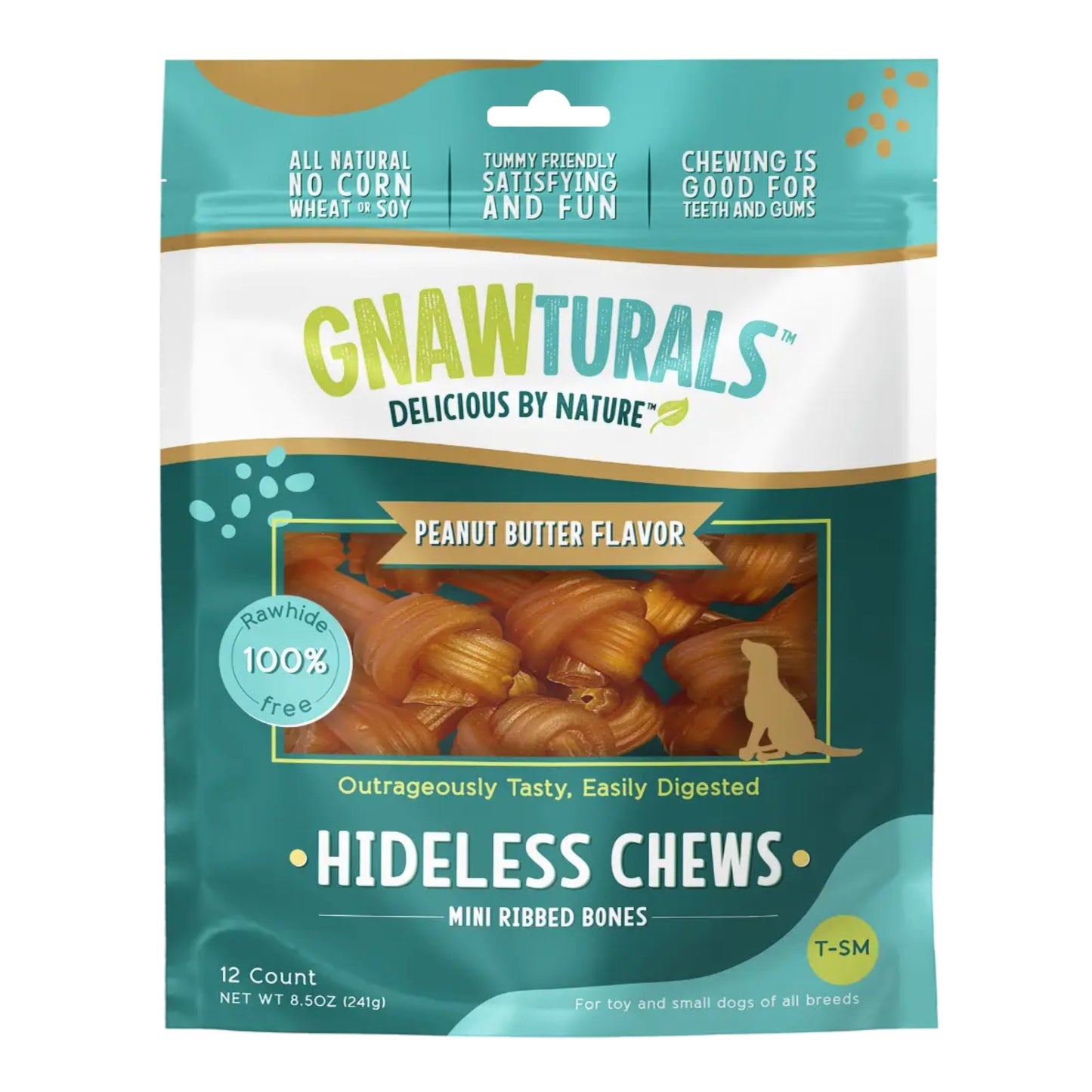 Gnawturals Hideless Chews Ribbed Bone Peanut Butter Mini 12 Count