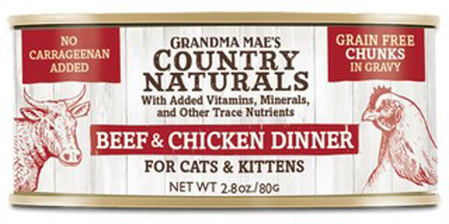 Grandma Mae's Country Naturals Grain Free Chunks in Gravy Wet Cat & Kitten Food Beef & Chicken 24ea/2.8 oz, 24 pk