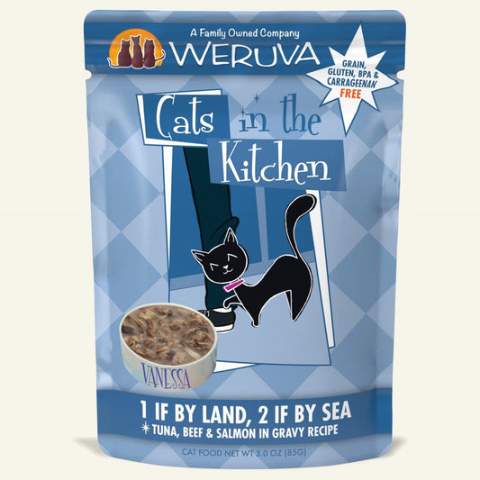 Cats in the Kitchen 1 if By Land, 2 if by Sea Tuna, Beef & Salmon in Gravy 3oz. Pouch (Case of 12)