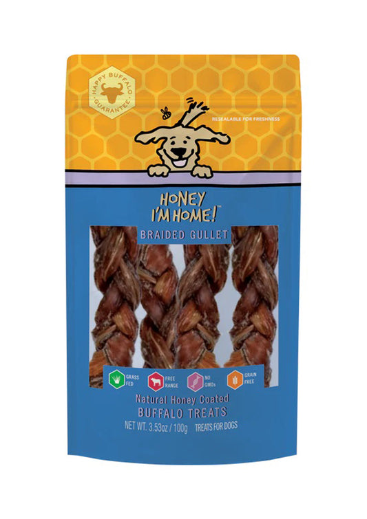 Honey Im Home Dog Natural Honey Coated Buffalo Treats Braided Gullet 3.53oz.