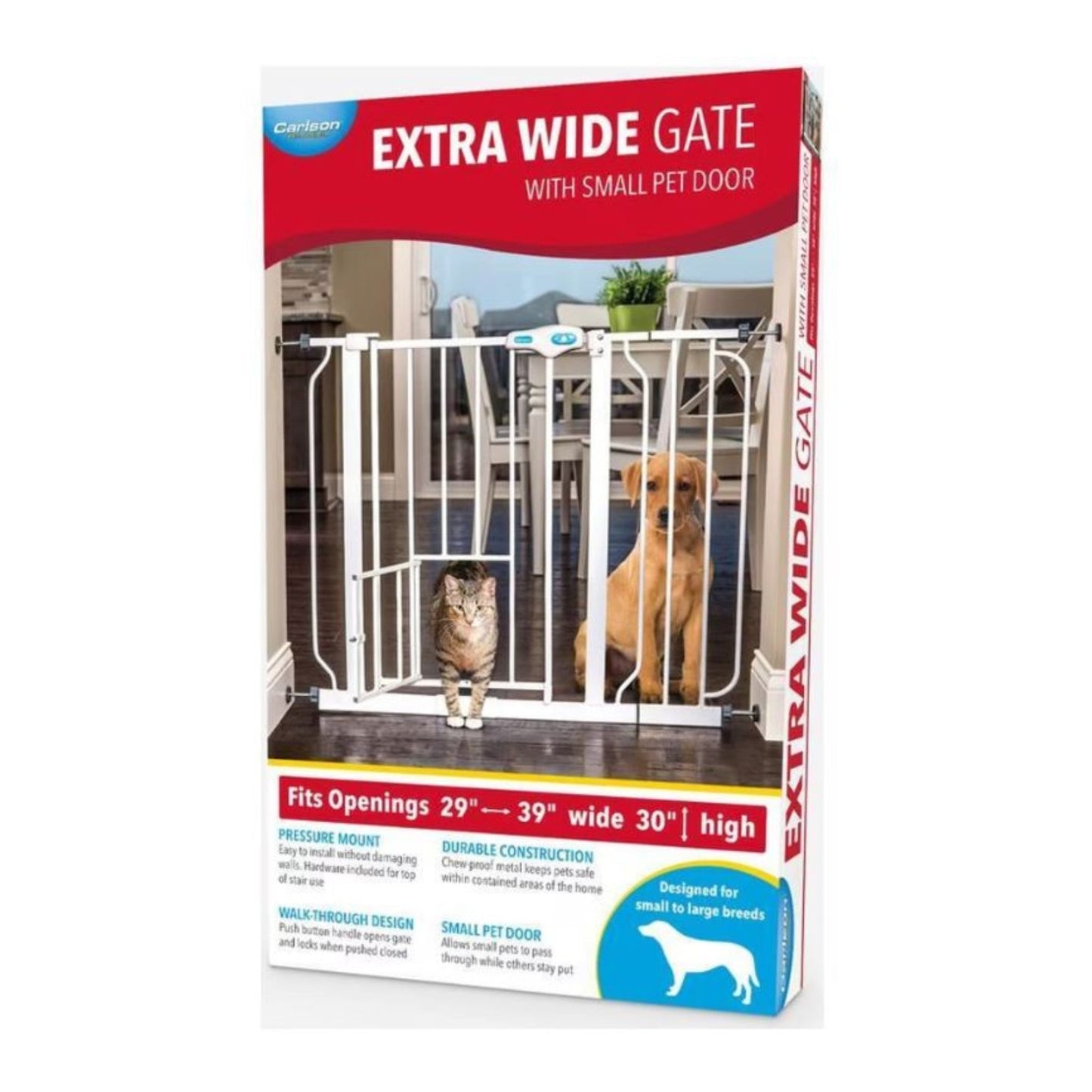 Carlson Extra Wide Pet Gate w/ Small Pet Door White 29-39 X 30in.