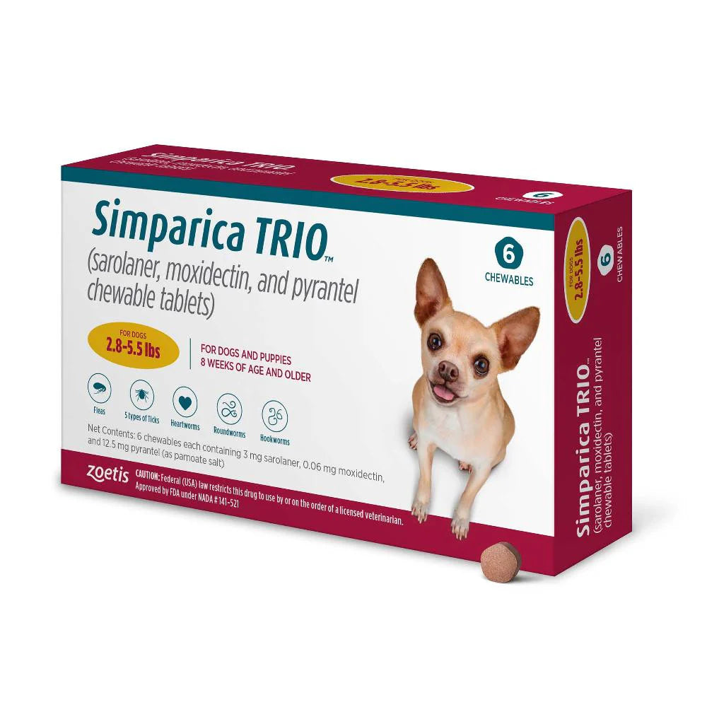 Simparica Trio Chewable Tablet for Dogs Weighing 2.8-5.5 Lbs 6 Pack