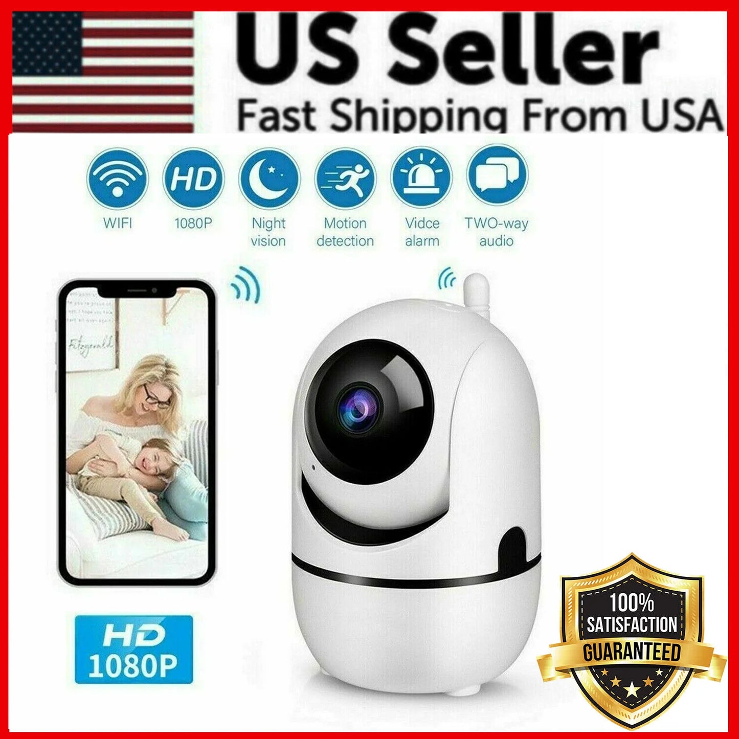 1080P HD Wifi Indoor Security Camera with Night Vision - Baby & Pet Monitor